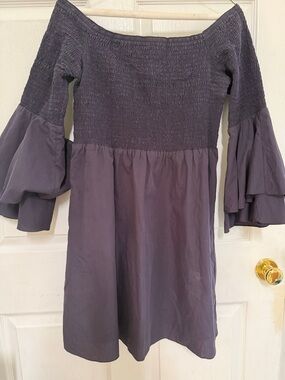 Amanda Uprichard Plum Off-Shoulder Smocked Dress with Tiered Bell Sleeves